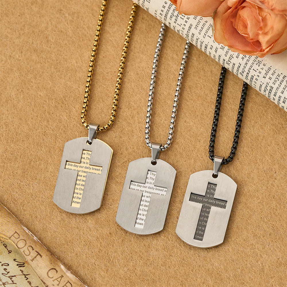 Collar con colgante de placa de identificación con la cruz y el padrenuestro: emblema de gracia divina y fe