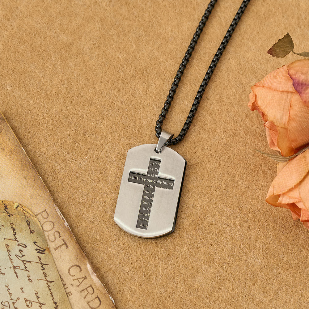 Collar con colgante de placa de identificación con la cruz y el padrenuestro: emblema de gracia divina y fe