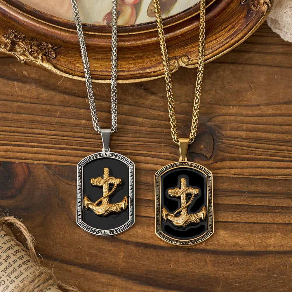 Collar con colgante de placa de identificación con llave griega y cruz ancla: emblema de fe y esperanza inquebrantable