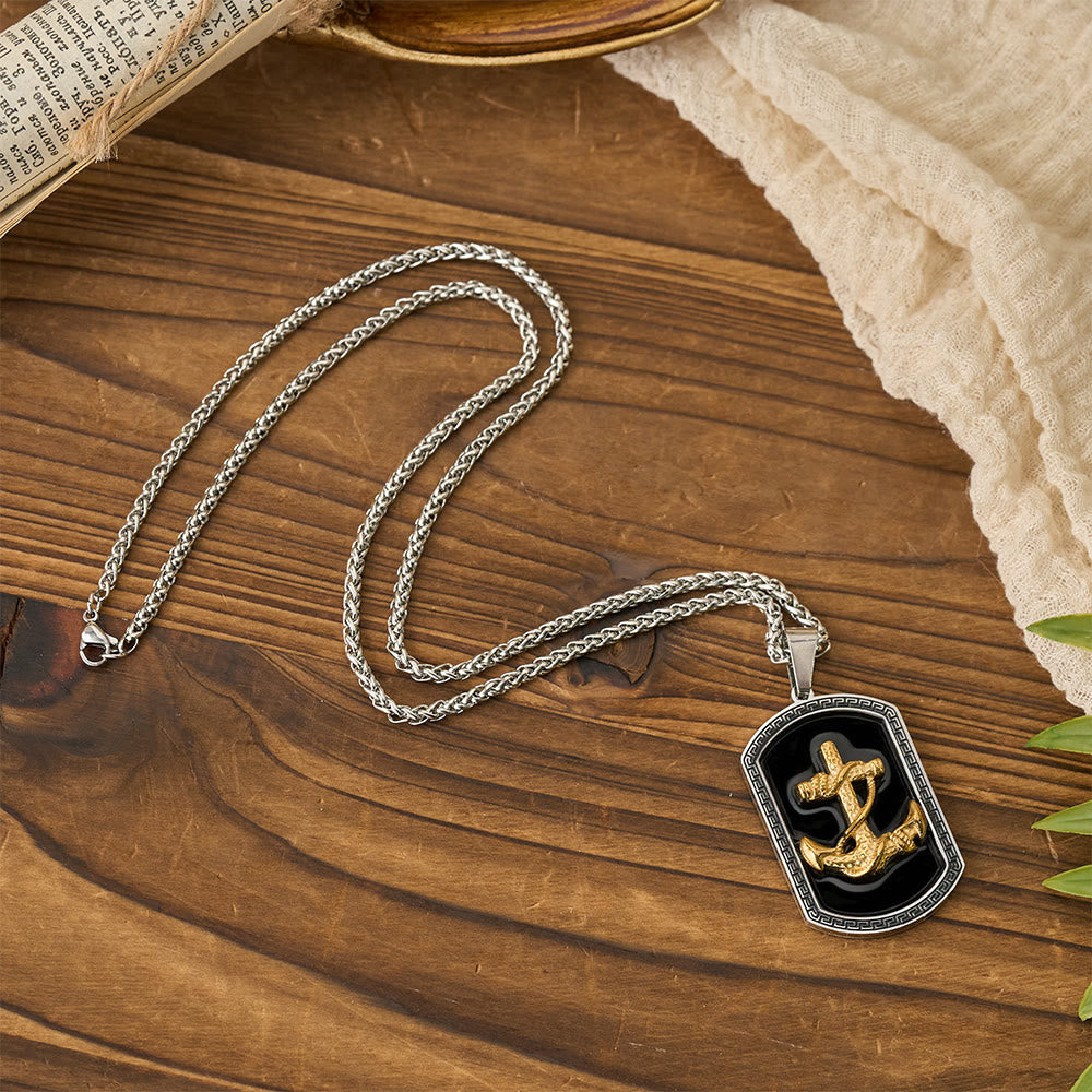 Collar con colgante de placa de identificación con llave griega y cruz ancla: emblema de fe y esperanza inquebrantable