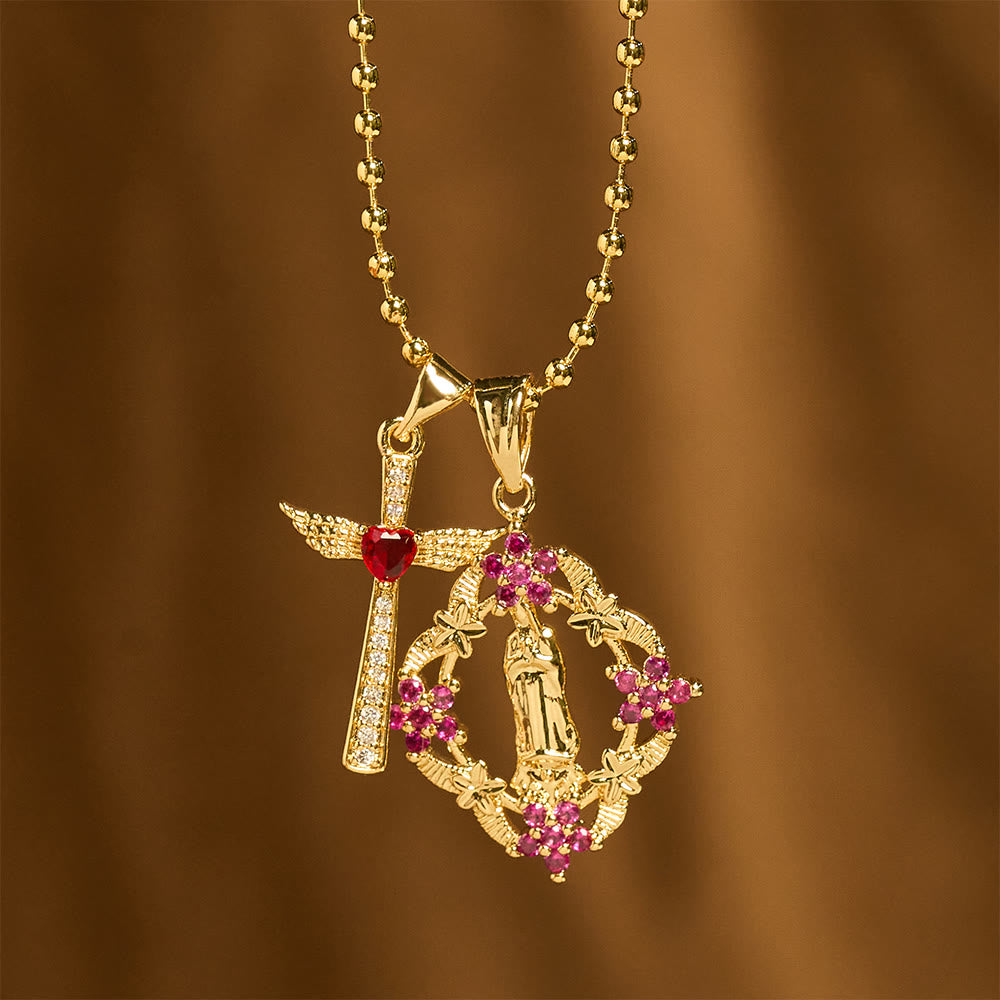 Parure collier Notre-Dame ornée et croix ailée : Emblème de protection spirituelle