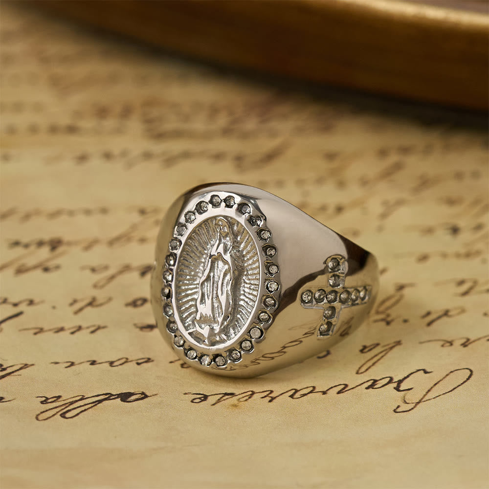 Bague chevalière Croix de Notre-Dame audacieuse : Ancrez votre cœur dans la foi mariale