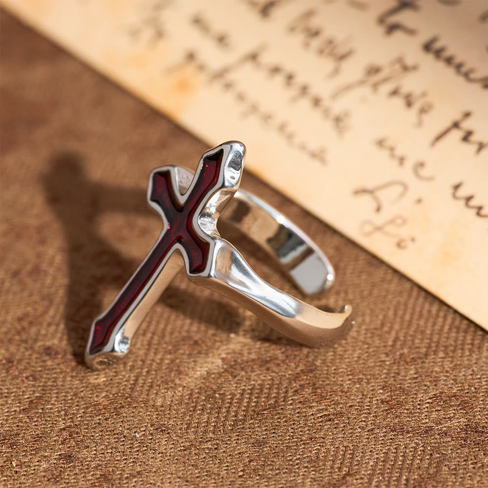 Anillo Abierto con Cruz Esmaltada de Cuatro Colores: Emblema de la Luz de la Fe