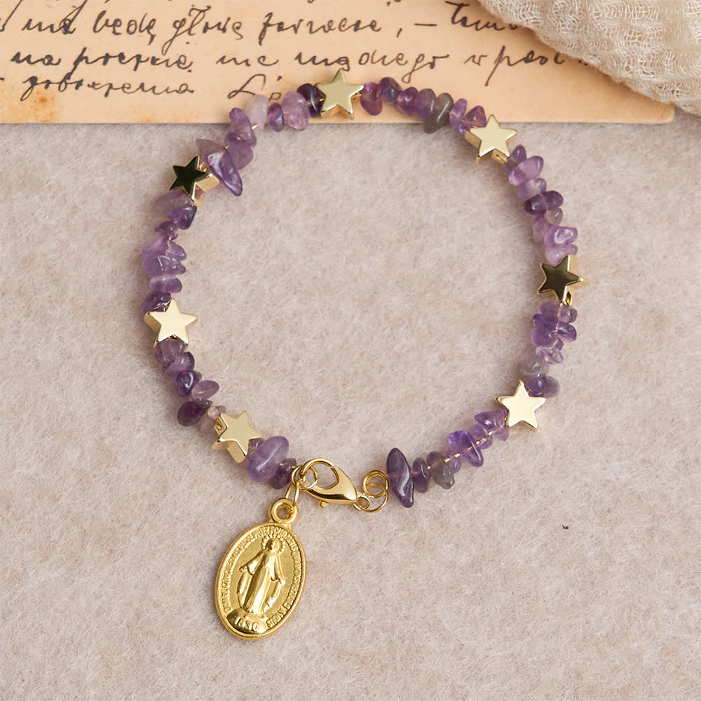 Bracelet chapelet à mémoire en éclats d'améthyste naturelle avec médaille de la Vierge Marie