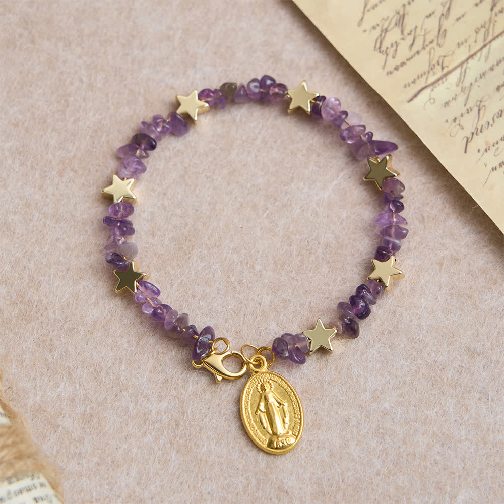 Bracelet chapelet à mémoire en éclats d'améthyste naturelle avec médaille de la Vierge Marie
