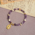 Bracelet chapelet à mémoire en éclats d'améthyste naturelle avec médaille de la Vierge Marie