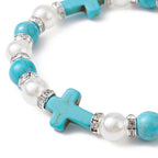 Pulsera de energía curativa con cruz de perlas y turquesas
