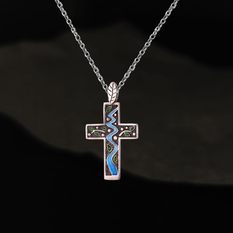 Collar de cruz de esmalte Creekside Tree estilo fresco
