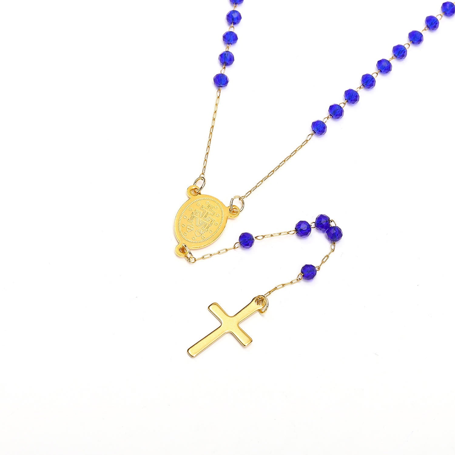 Collier de perles en verre avec pendentif médaille Vierge Marie et croix