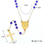 Collier de perles en verre avec pendentif médaille Vierge Marie et croix