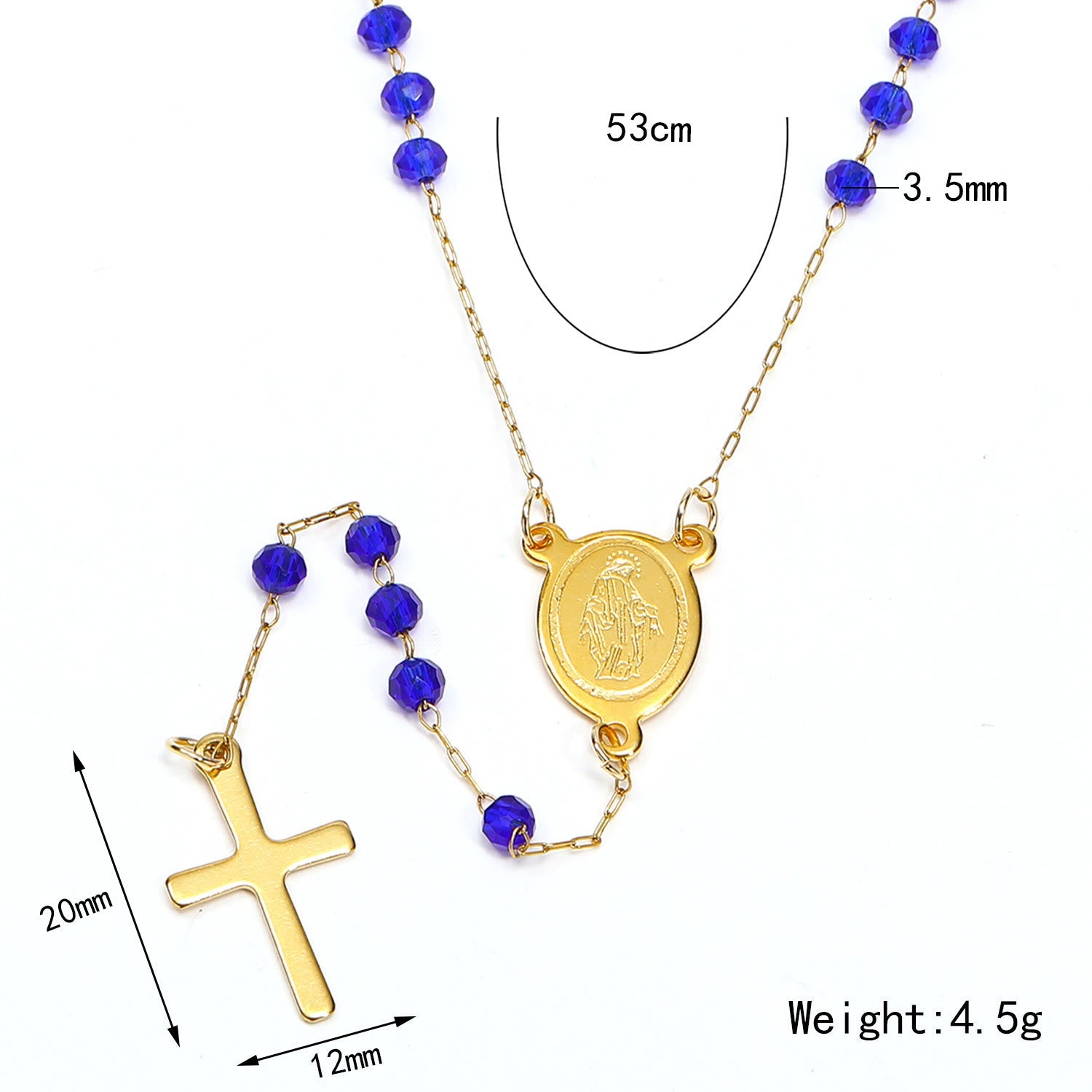 Collier de perles en verre avec pendentif médaille Vierge Marie et croix