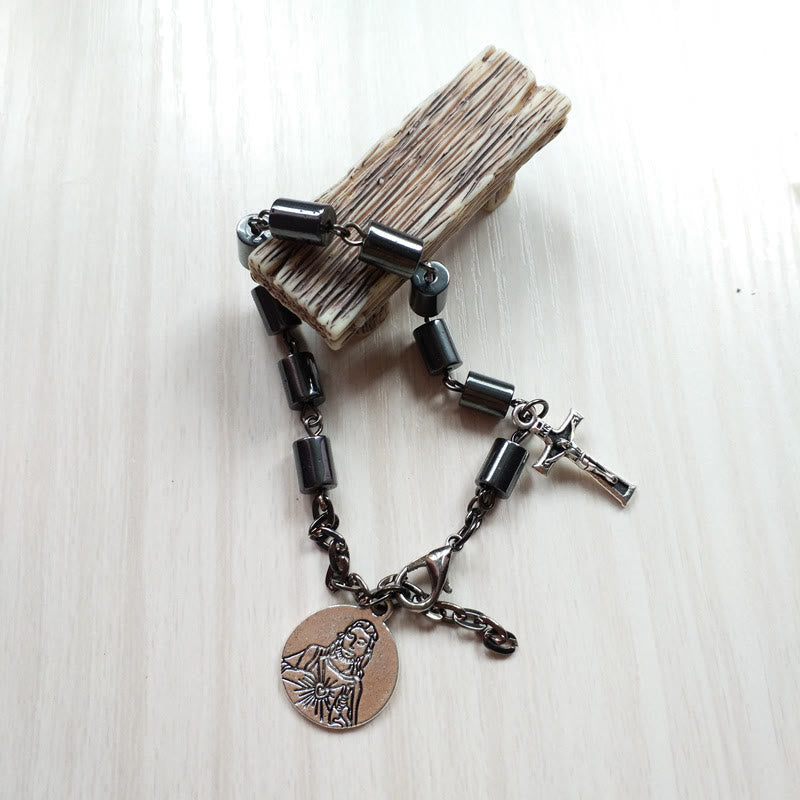 Bracelet simple en hématite Cœur Sacré de Jésus et Crucifix