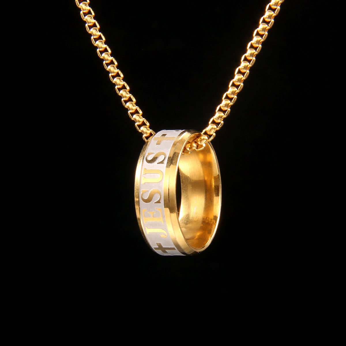 Anillo y cadena de acero inoxidable "JESÚS" con grabado láser de estilo combinado