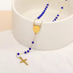 Collier de perles en verre avec pendentif médaille Vierge Marie et croix