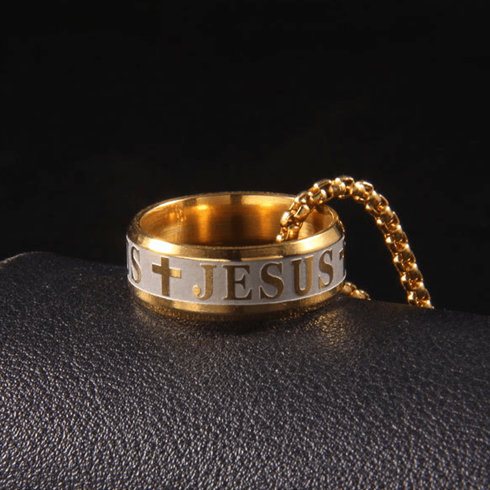 Anillo y cadena de acero inoxidable "JESÚS" con grabado láser de estilo combinado