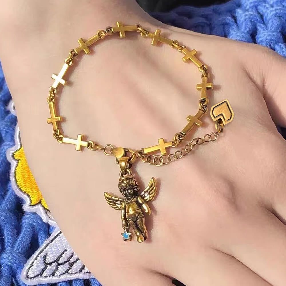 Pulsera de bronce estilo retro con ángel de la suerte, estrella y cruz con corazón