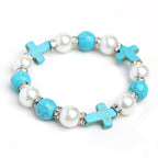 Pulsera de energía curativa con cruz de perlas y turquesas