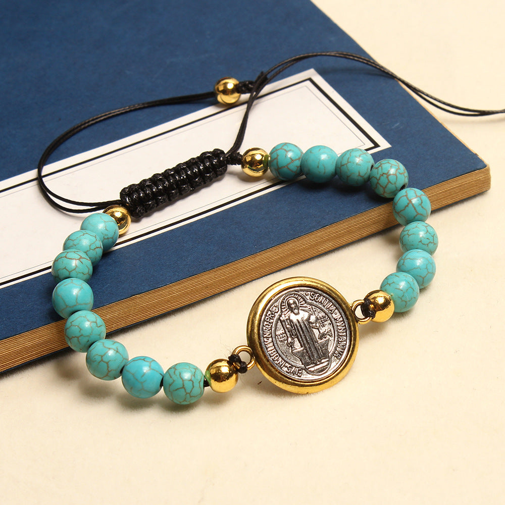 Bracelet perlé de prière et bénédiction Saint Benoît turquoise