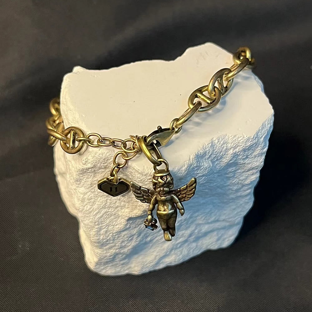 Pulsera de bronce estilo retro con ángel de la suerte, estrella y cruz con corazón