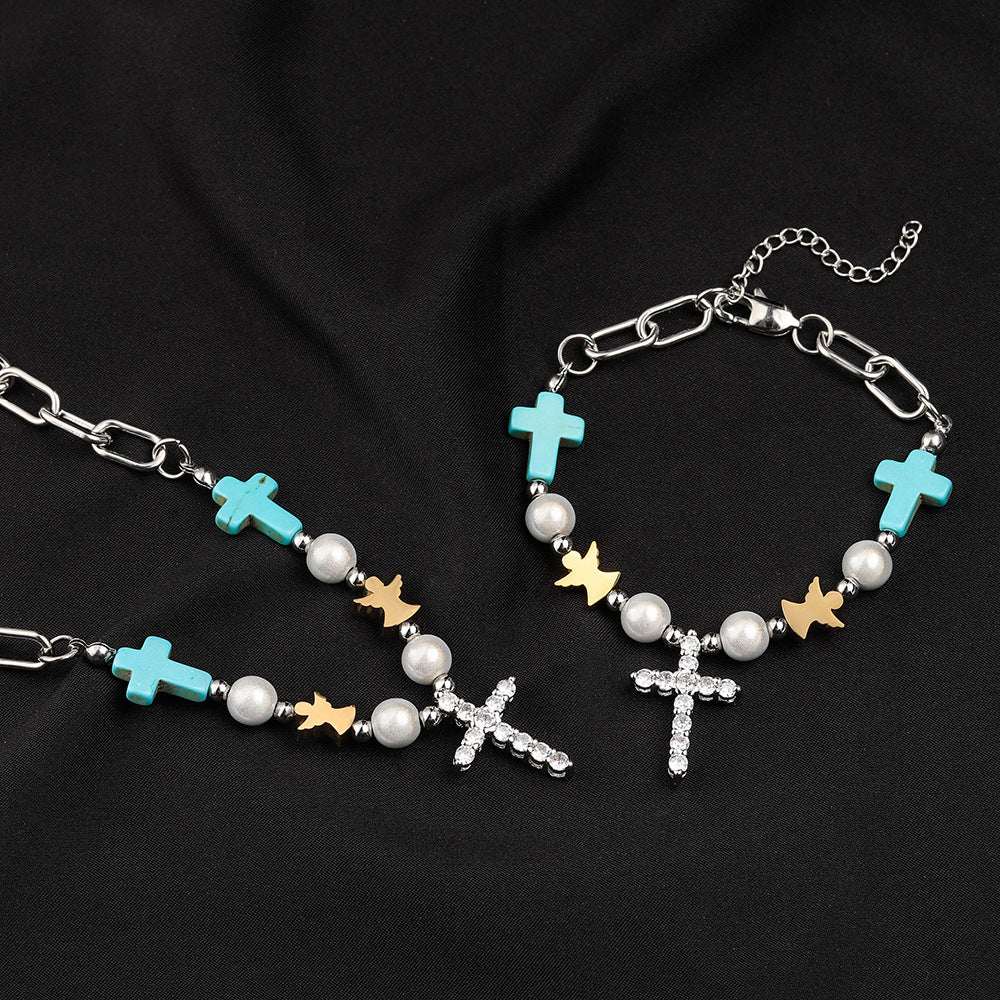 Bracelet/collier en titane avec croix en turquoise et zircon fait à la main
