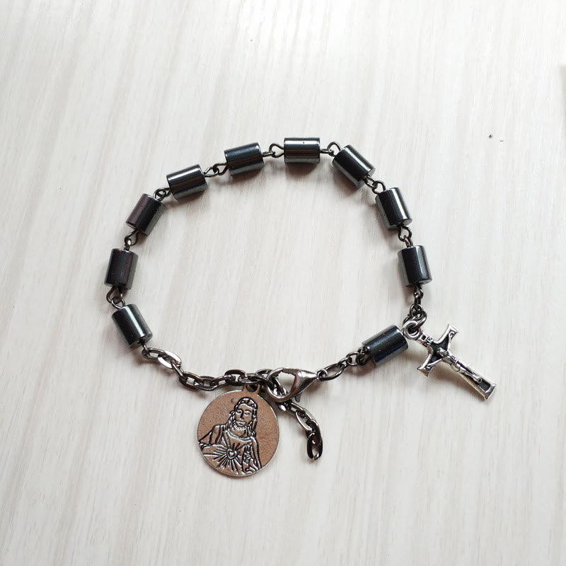 Bracelet simple en hématite Cœur Sacré de Jésus et Crucifix