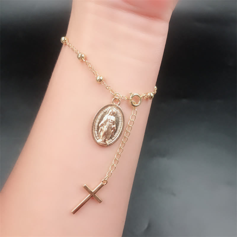 Medalla de la Virgen María y pulsera ajustable sencilla e informal con cruz