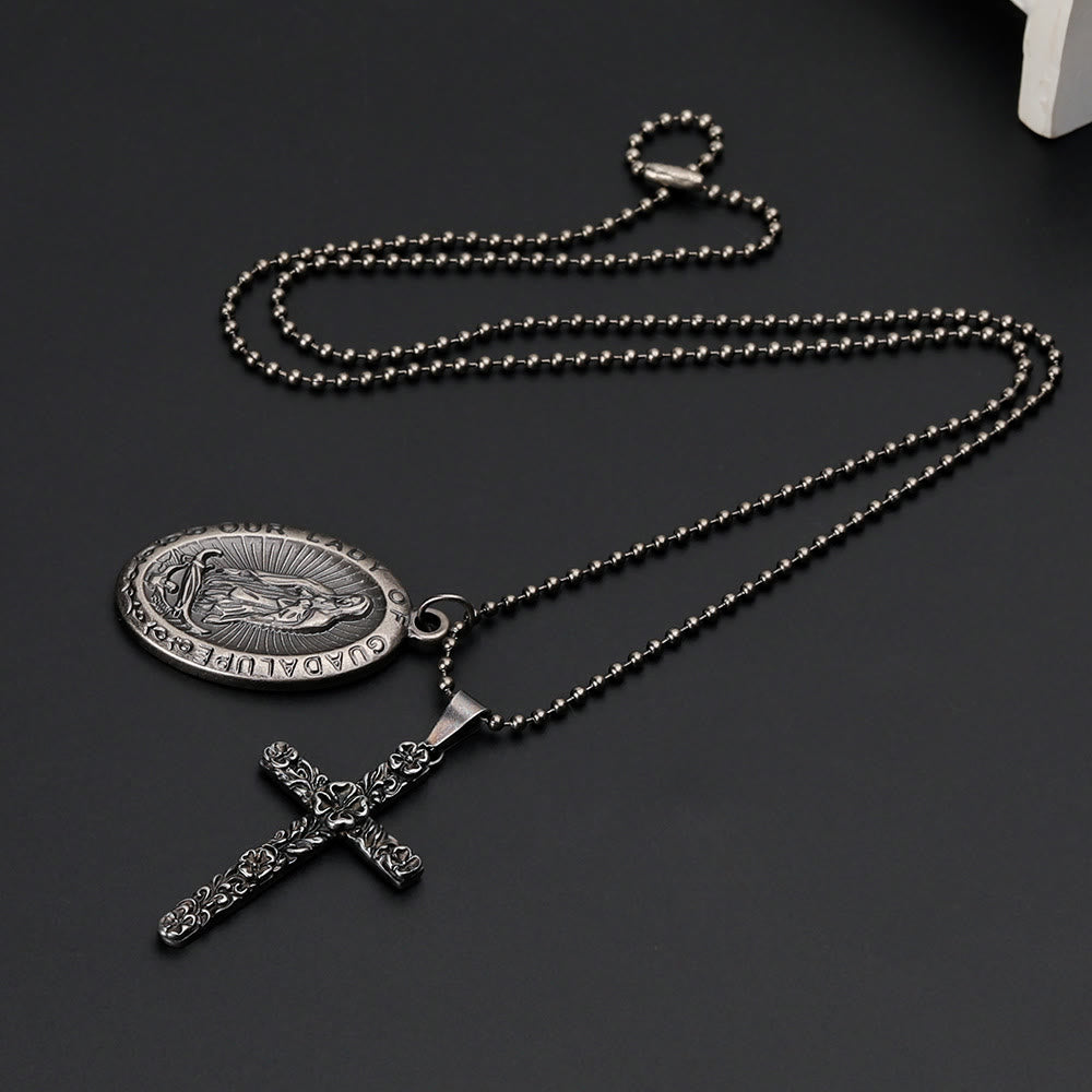 Collar Retro Exquisito de Titanio con la Virgen de Guadalupe y Cruz