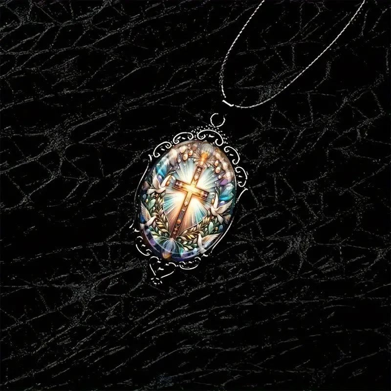 Collar con colgante de cristal retro con cruz y paloma del Espíritu Santo