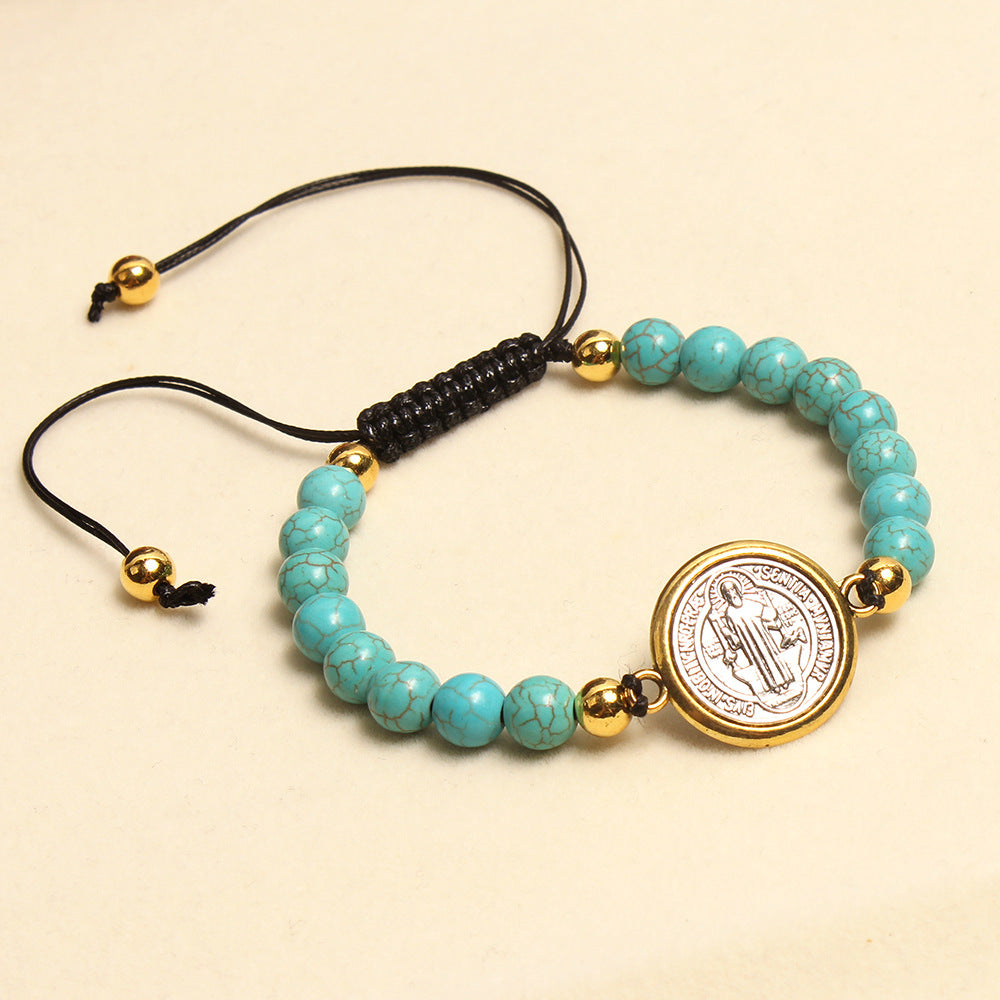 Bracelet perlé de prière et bénédiction Saint Benoît turquoise