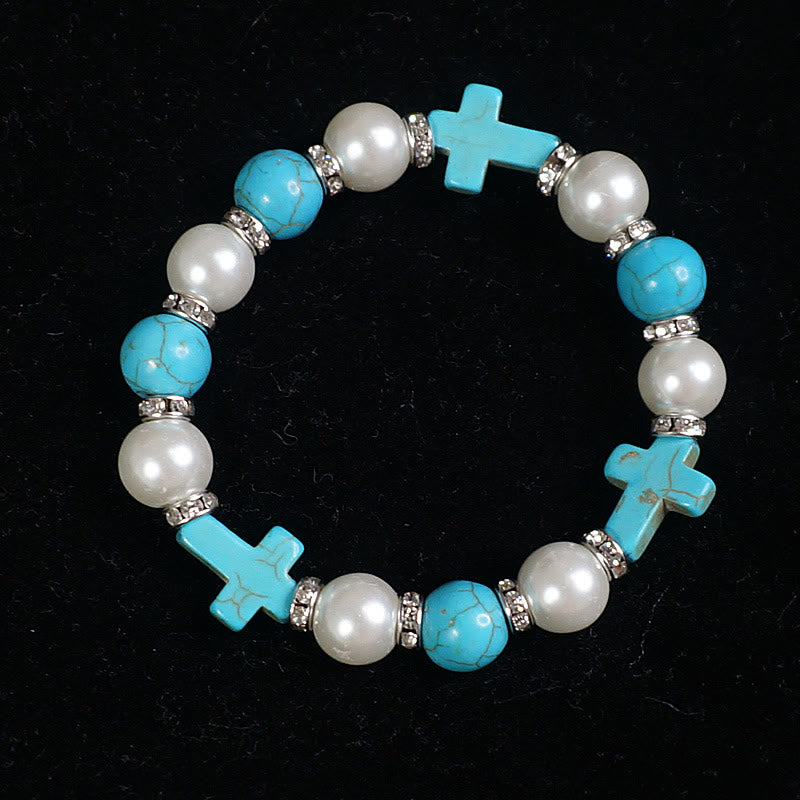 Pulsera de energía curativa con cruz de perlas y turquesas