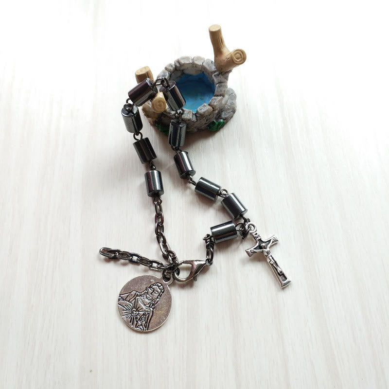 Bracelet simple en hématite Cœur Sacré de Jésus et Crucifix