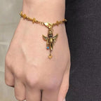 Pulsera de bronce estilo retro con ángel de la suerte, estrella y cruz con corazón