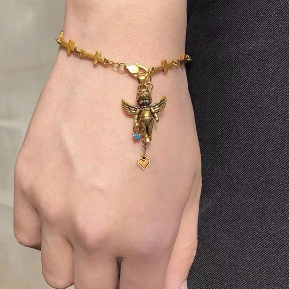 Pulsera de bronce estilo retro con ángel de la suerte, estrella y cruz con corazón